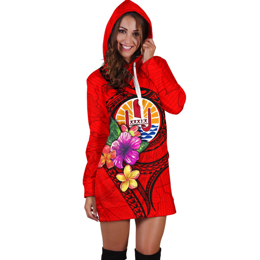 Tahiti Polynesian Women's Hoodie Dress - Floral With Seal Red - Polynesian Pride