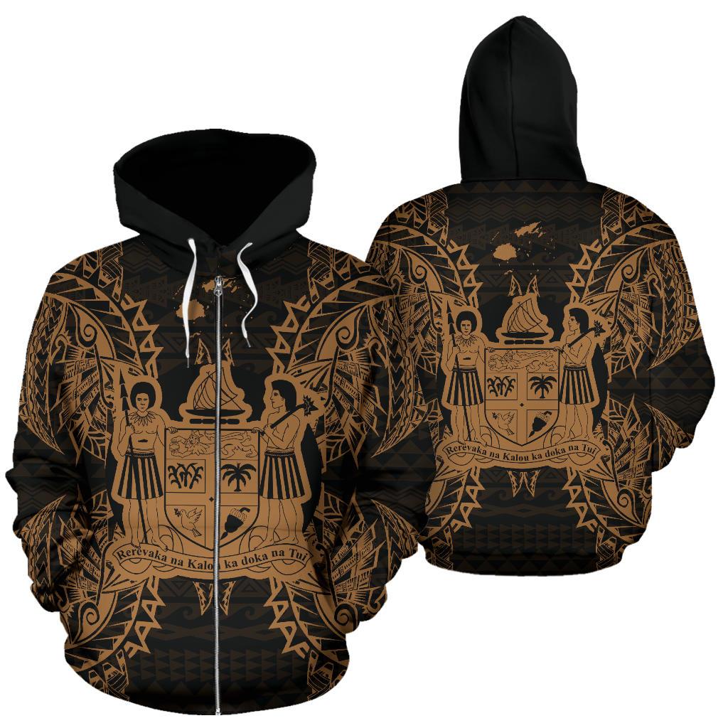Fiji Polynesian All Over Zip up Hoodie Map Gold Unisex Gold - Polynesian Pride