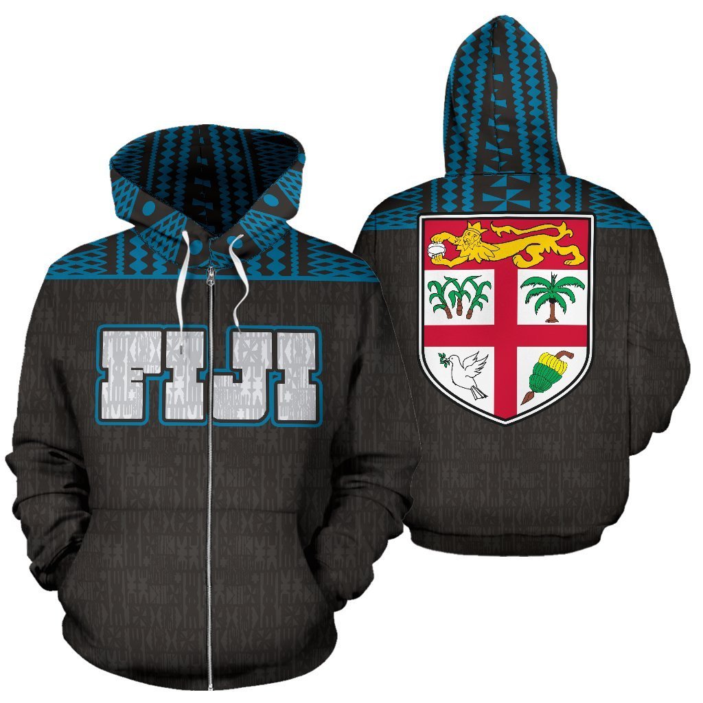 Fiji Tapa All Over Zip up Hoodie Blue Unisex White - Polynesian Pride