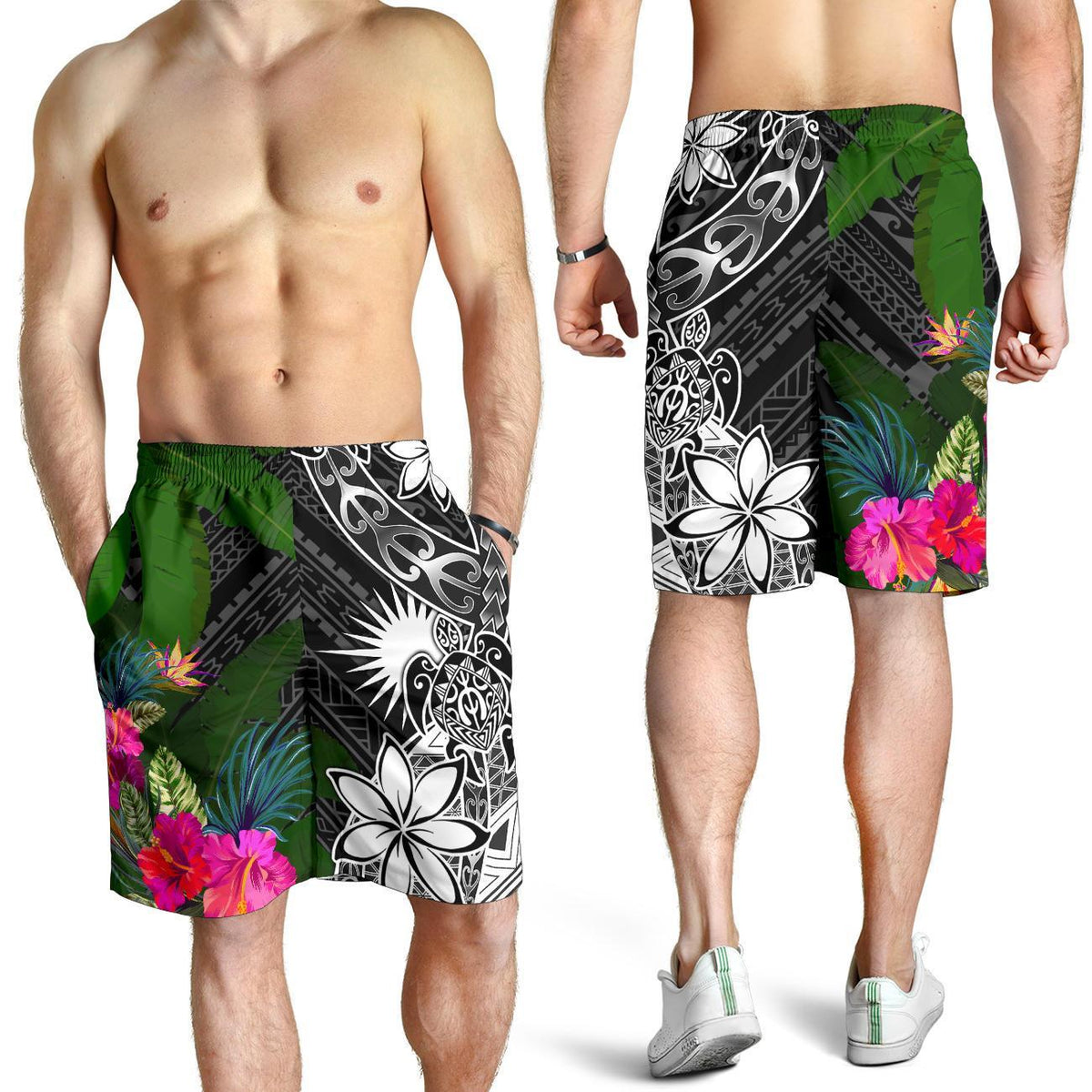 Marshall Islands Men Shorts - Turtle Plumeria Banana Leaf - Polynesian Pride
