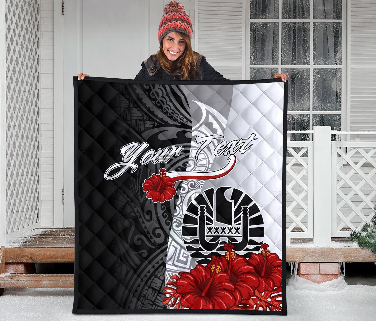 Tahiti Polynesian Custom Personalised Premium Quilt - Coat Of Arm With Hibiscus White - Polynesian Pride