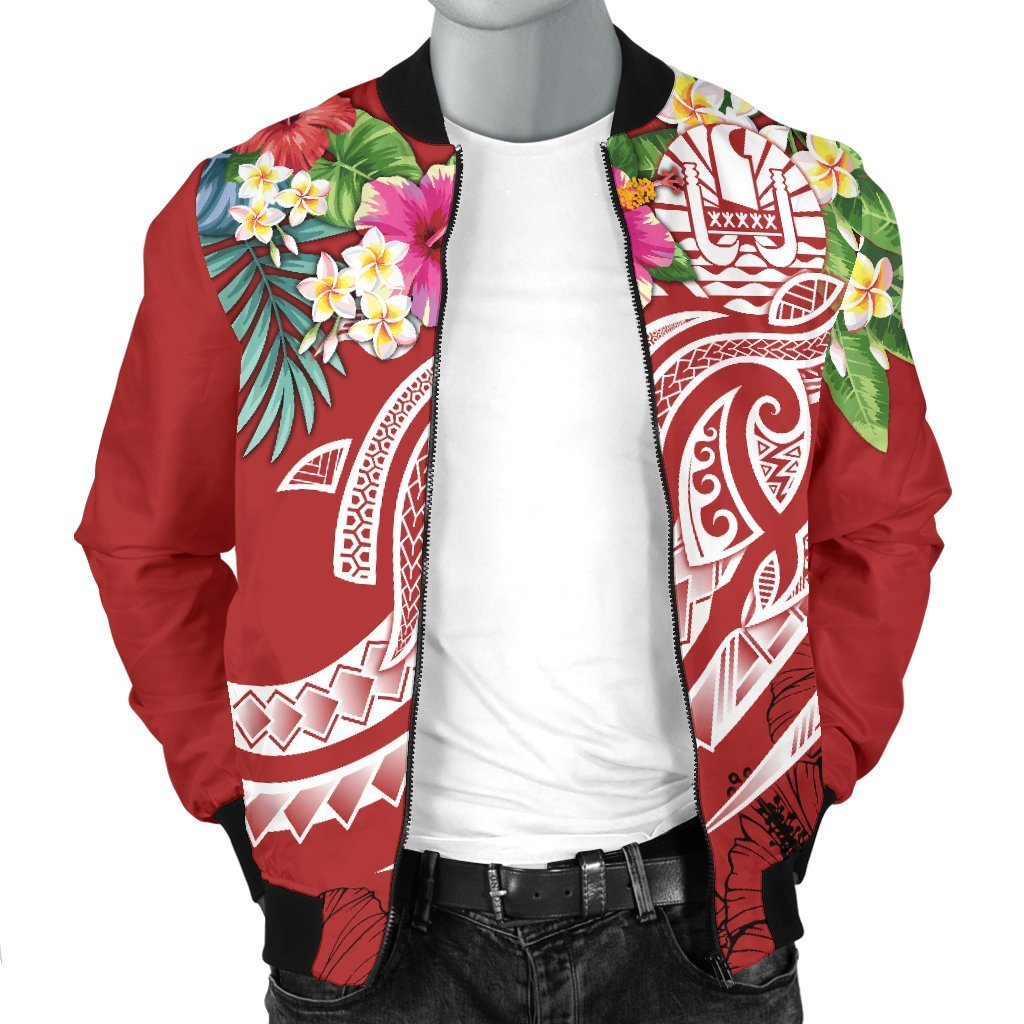 Tahiti Polynesian Men's Bomber Jacket - Summer Plumeria (Red) - Polynesian Pride