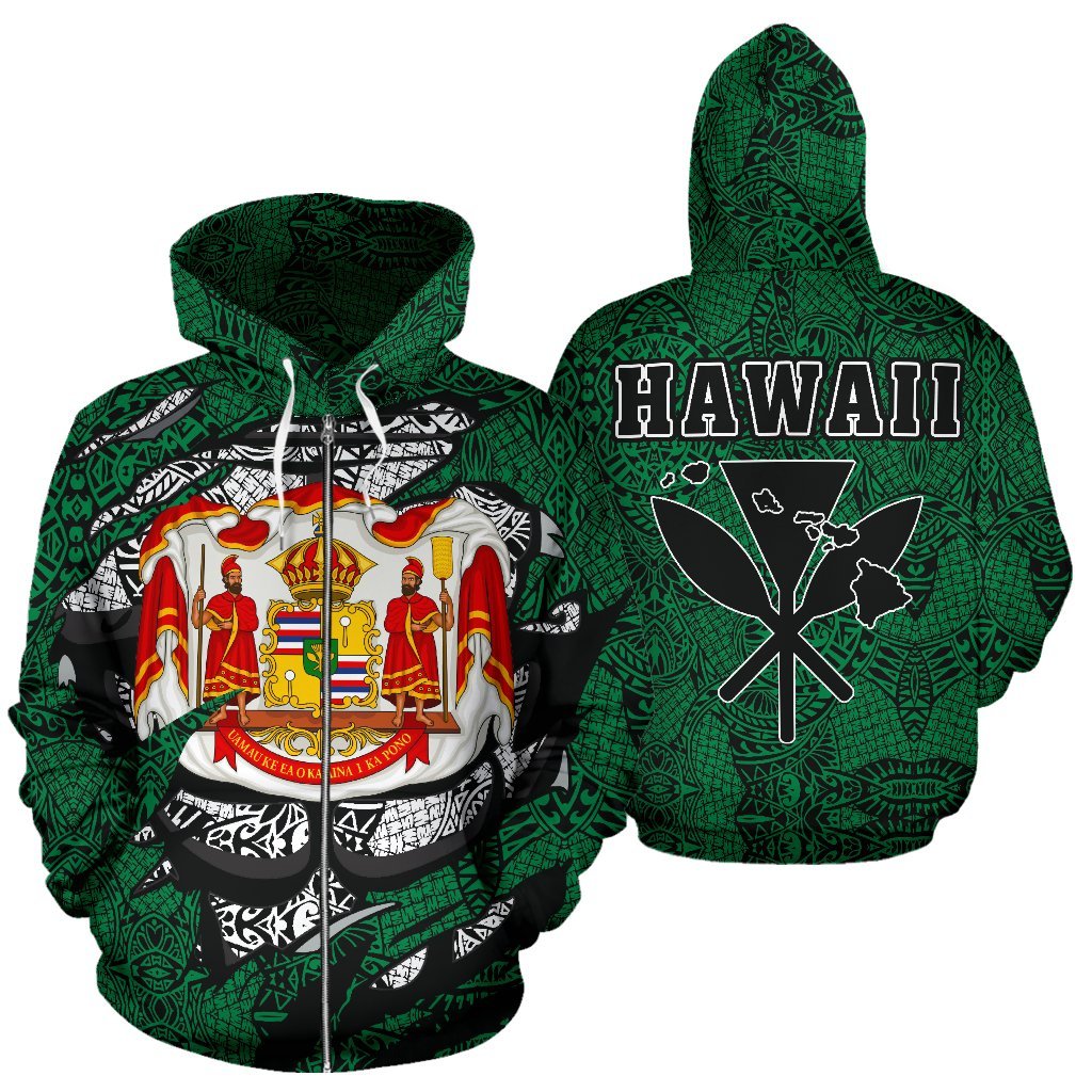 Polynesian Kanaka Maoli Royal Coat of Arms Hawaii Zip Hoodie Green Unisex Green - Polynesian Pride