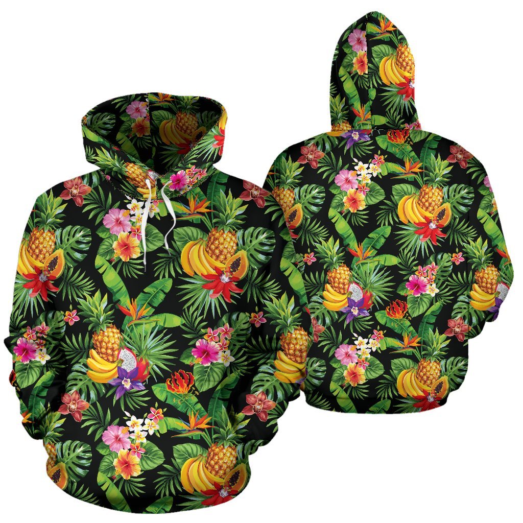 Polynesian All Over Hoodie Polynesian Tropical Fruit & Vegetable Print 03 Unisex Black - Polynesian Pride