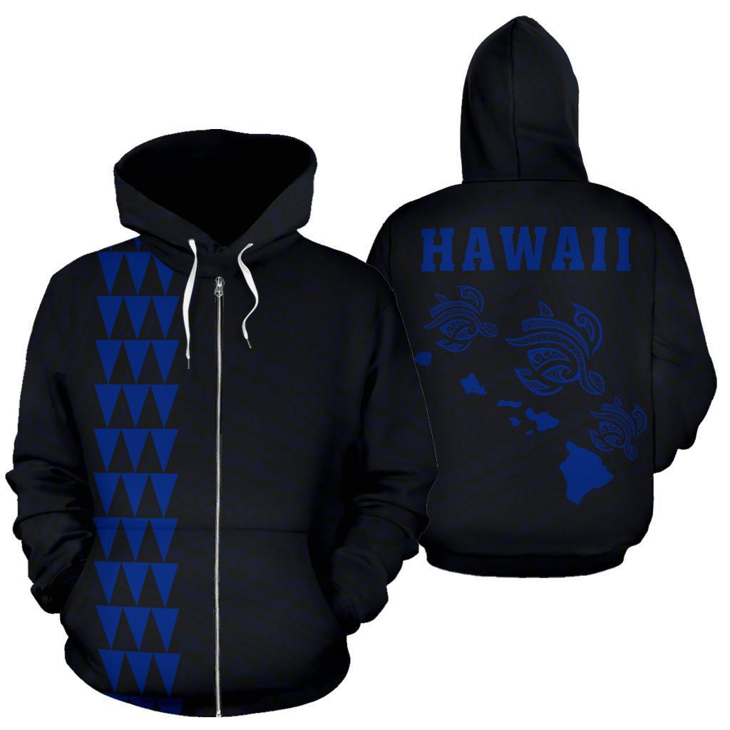 Polynesian Kakau Three Turtle Map of Hawaii Zip Hoodie Blue Unisex Blue - Polynesian Pride