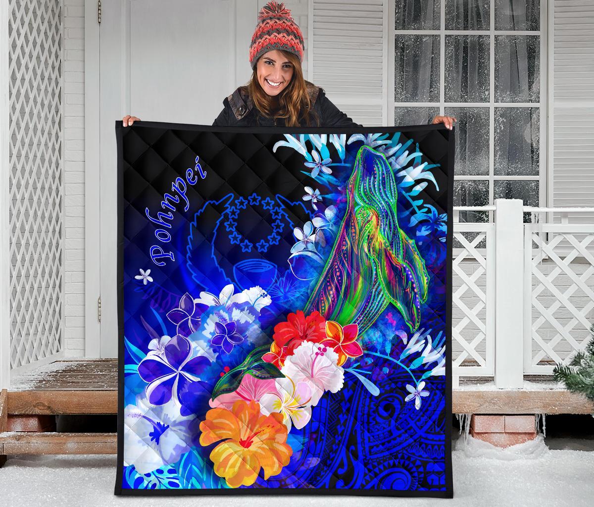 Pohnpei Premium Quilt - Humpback Whale with Tropical Flowers (Blue) - Polynesian Pride