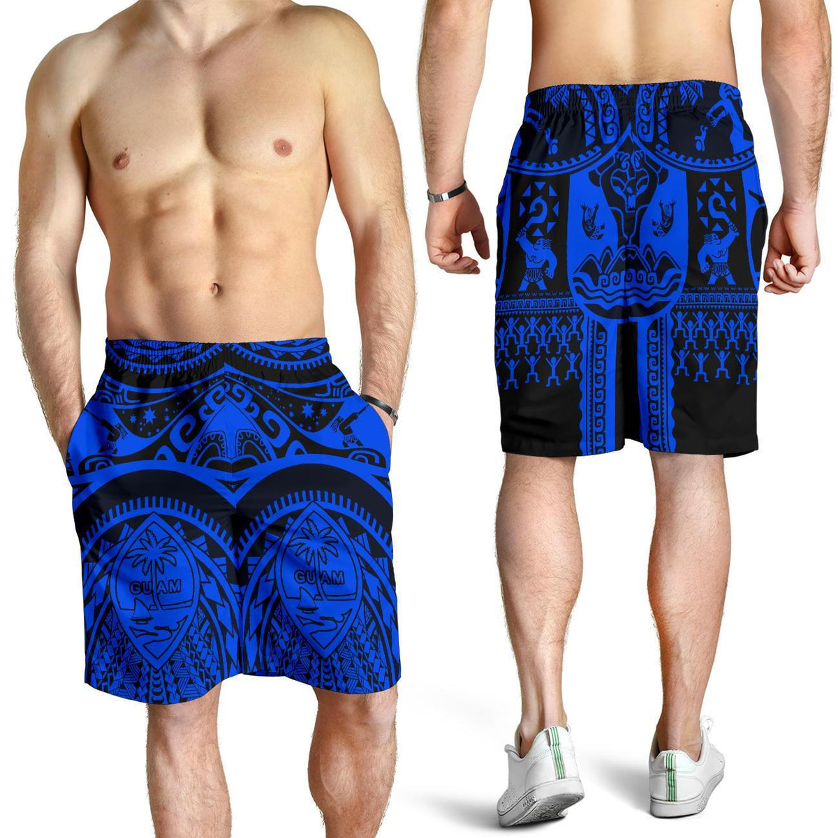 Polynesian Shorts Men - Guam Flag, Seal with Maui Moana Tattoo - Polynesian Pride
