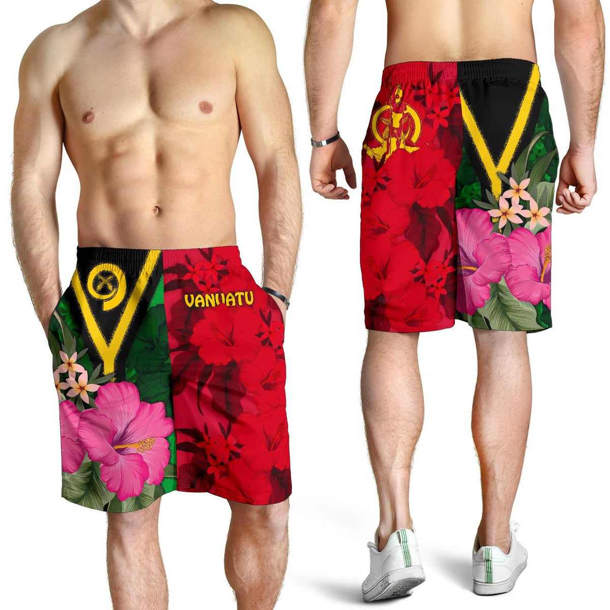 Vanuatu Men's Shorts - Vanuatu Flag with Hibiscus - Polynesian Pride