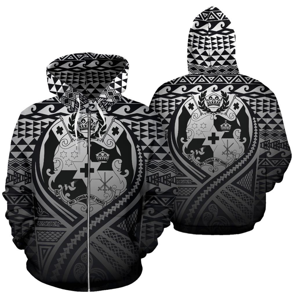Tonga All Over Zip up Hoodie Lift up Black Unisex Black - Polynesian Pride