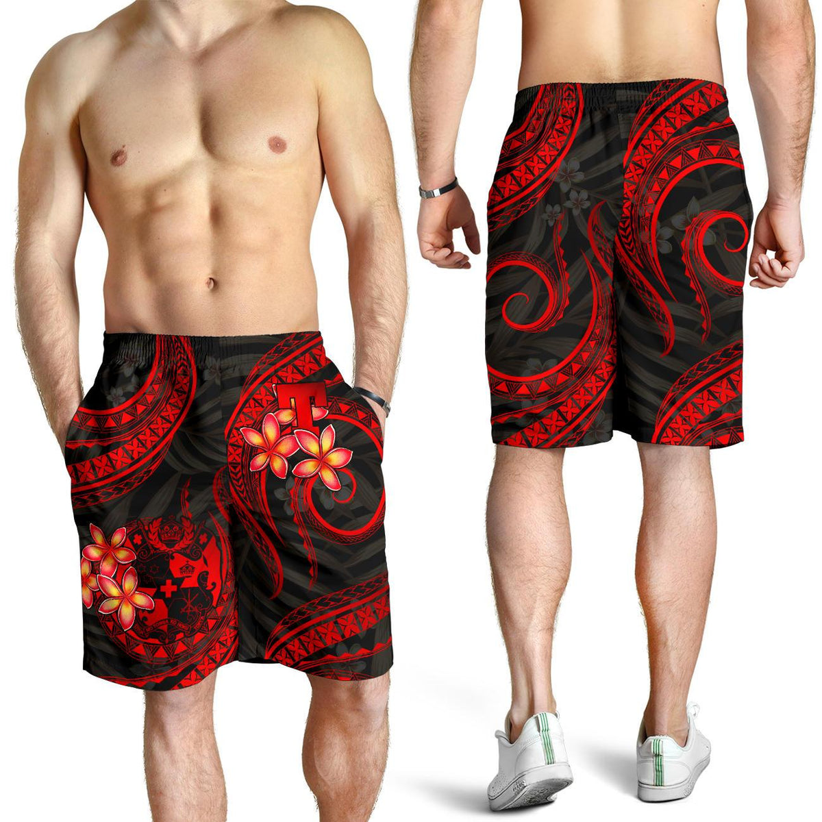 Tonga Polynesian Men Shorts - Red Plumeria - Polynesian Pride