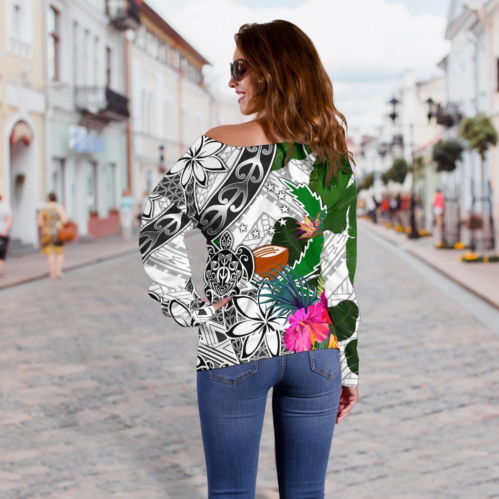 Pohnpei Custom Personalised Women's Off Shoulder Sweater White - Turtle Plumeria Banana Leaf - Polynesian Pride