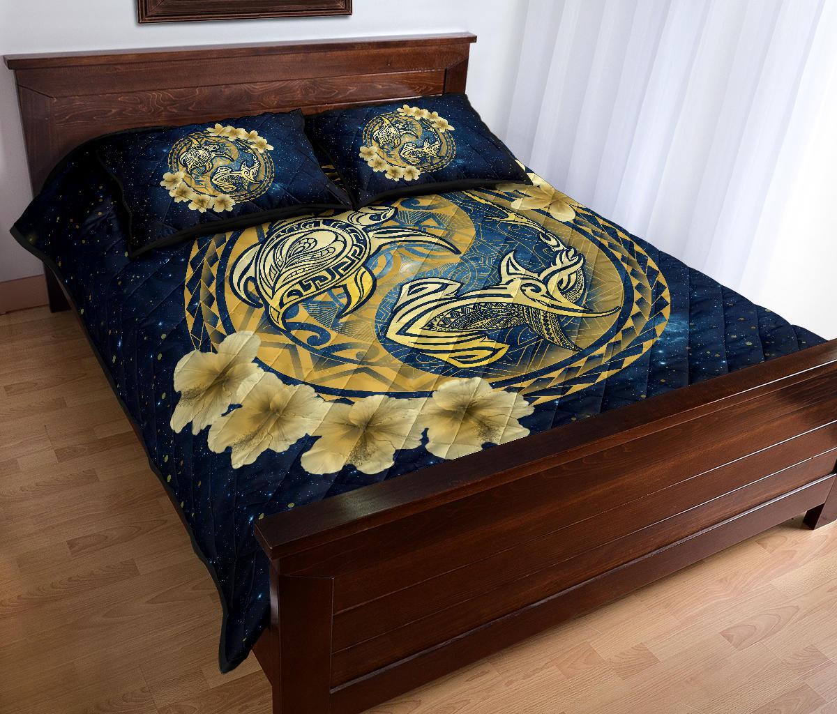 Hawaii Galaxy Yin Yang Turtle Shark Hibiscus Plumeria Quilt Bed Set - Polynesian Pride