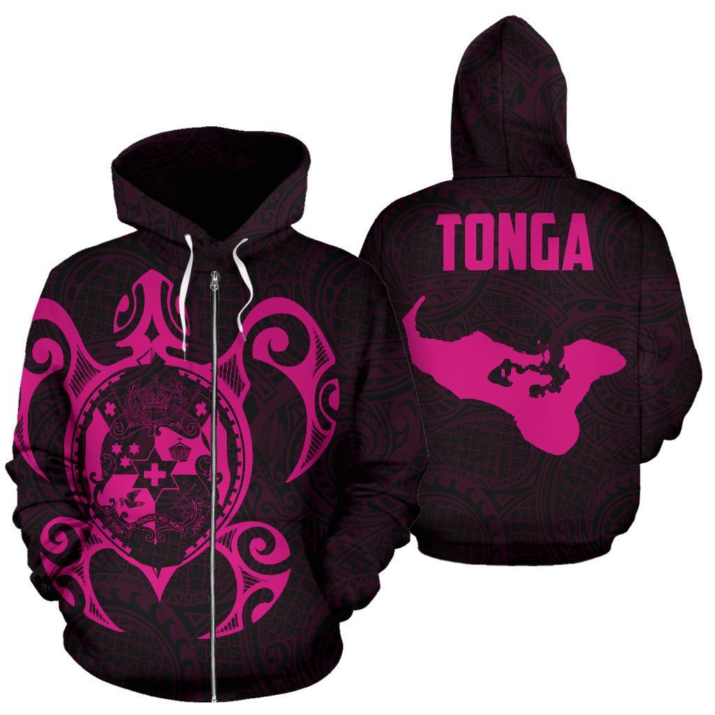 Tonga Polynesian Zip up Hoodie Tonga Coat of Arms In Turtle Map Pink Unisex Pink - Polynesian Pride