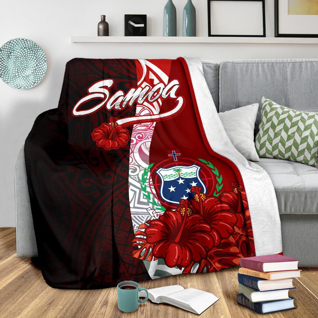 Samoa Polynesian Premium Blanket - Coat Of Arm With Hibiscus - Polynesian Pride