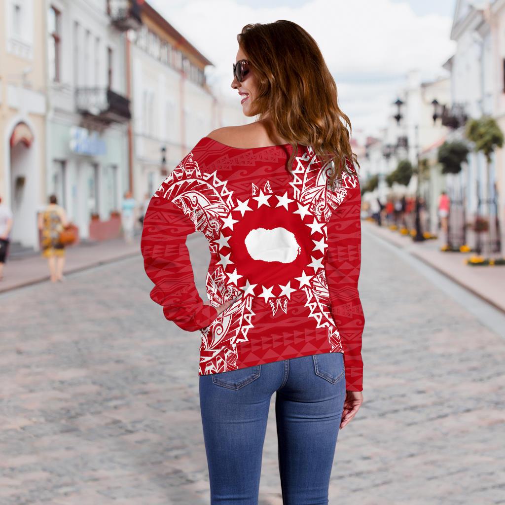 Cook Islands Polynesian Shoulder Sweater Map Red White - Polynesian Pride
