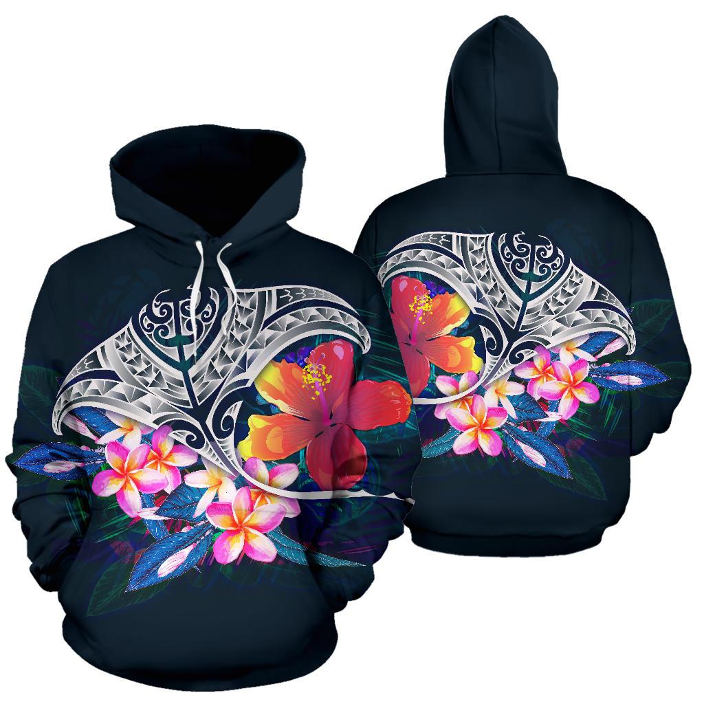 Polynesian Hoodie Manta Ray nd Hibiscus Unisex Blue - Polynesian Pride