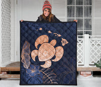 Personalized - Hawaii Kakau Polynesian Turtle Map Premium Quilt - Indigo - Polynesian Pride