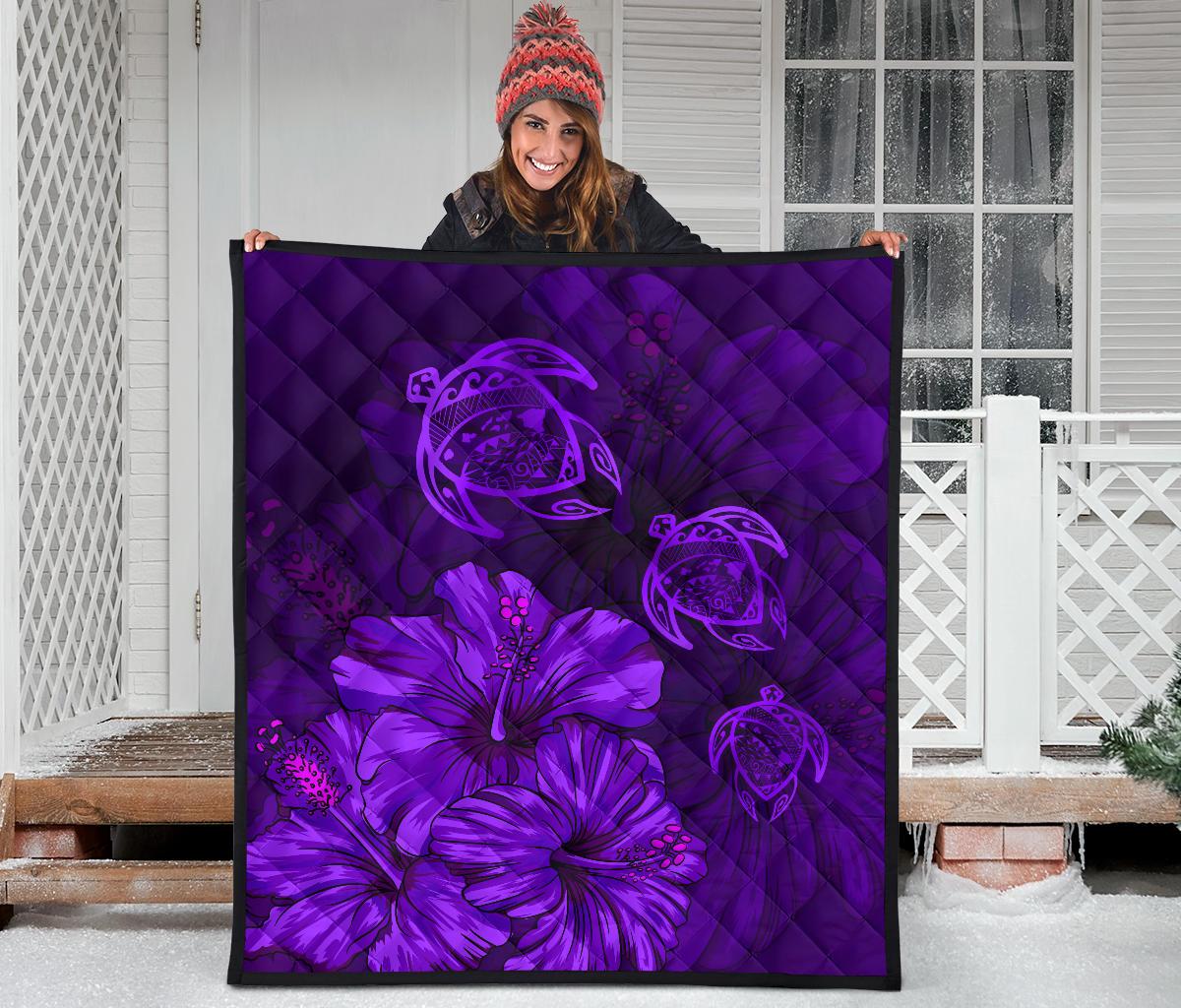 Hawaiian Map Hibiscus Turtle Vintage Polynesian Premium Quilt Purple - Polynesian Pride