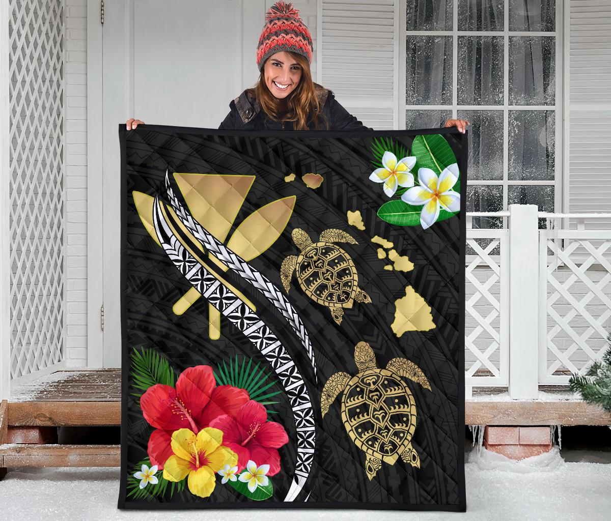 Hawaii Map Turtle Hibiscus Plumeria Polynesian - Premium Quilt AH - Polynesian Pride