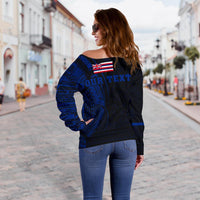 Hawaii Kanaka Polynesian Personalized Women's Off Shoulder Sweater - Blue - Polynesian Pride