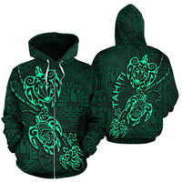 Tahiti Polynesian Family Turtles Zip up Hoodie Green Unisex Green - Polynesian Pride