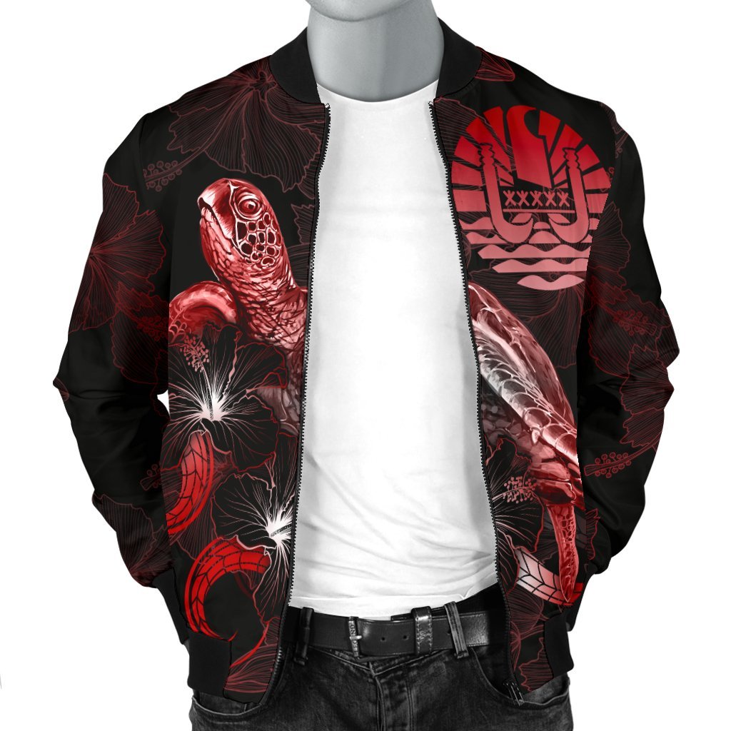 Tahiti Polynesian Men's Bomber Jacket - Turtle With Blooming Hibiscus Red - Polynesian Pride