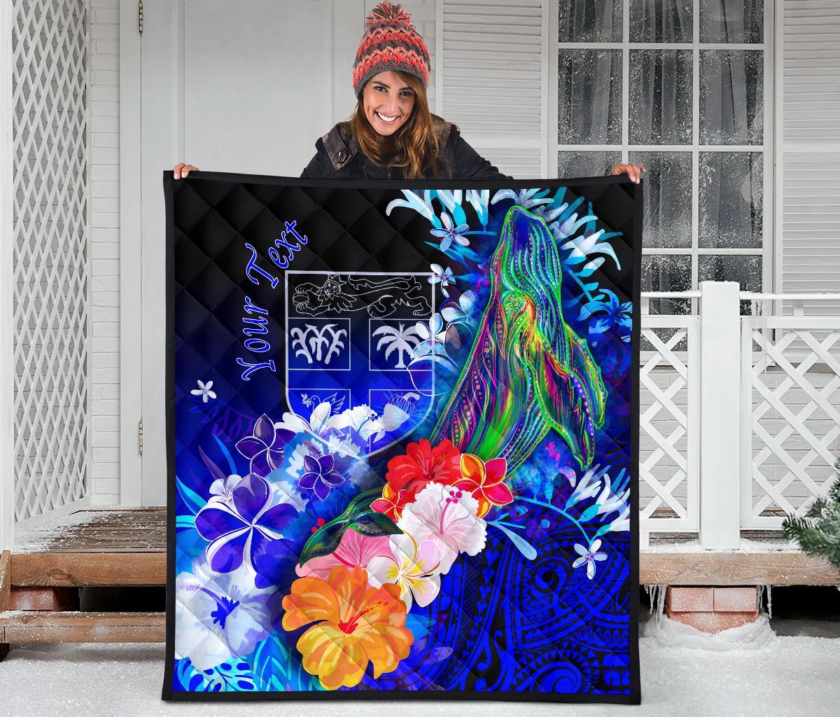 Fiji Custom Personalised Premium Quilt - Humpback Whale with Tropical Flowers (Blue) - Polynesian Pride