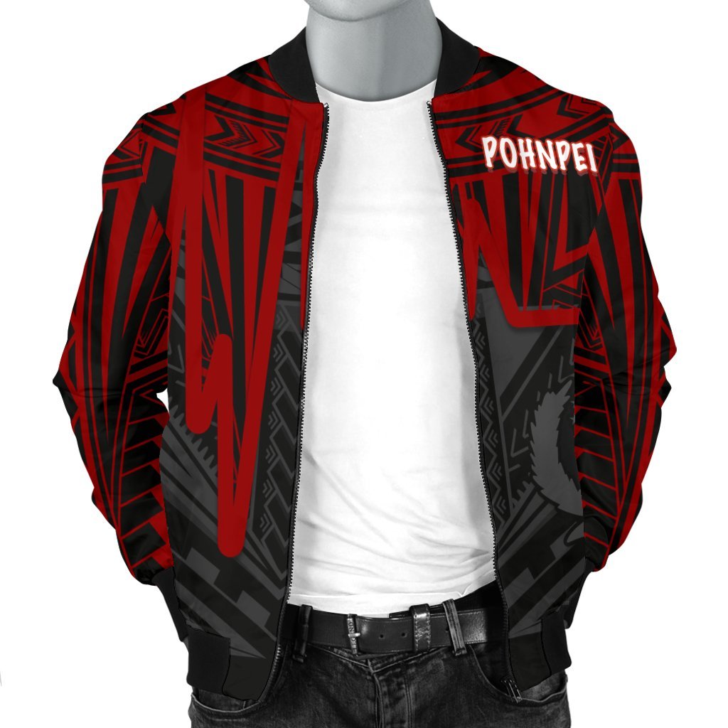 Pohnpei Men's Bomber Jacket - Pohnpei Seal In Heartbeat Patterns Style (Red) - Polynesian Pride
