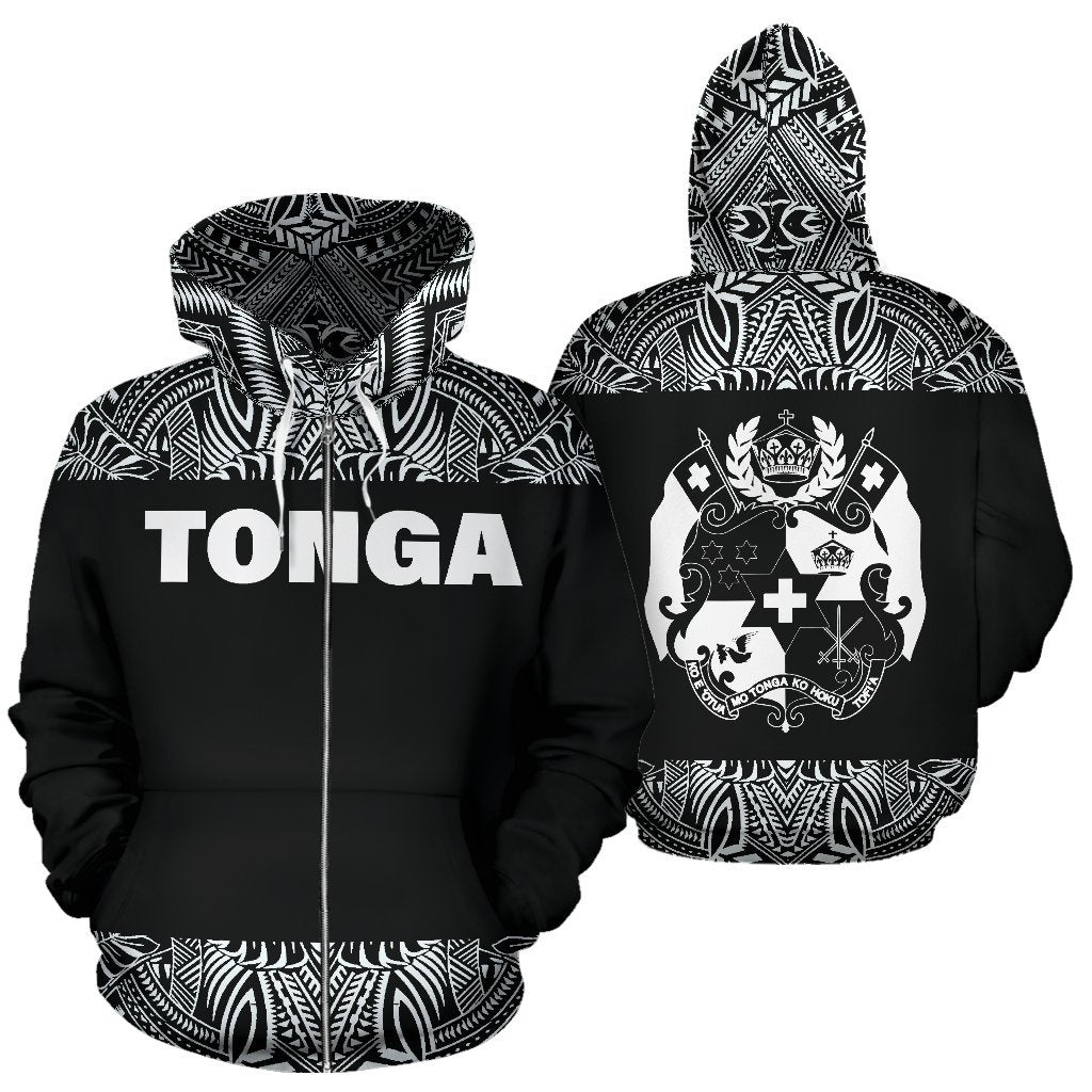 Tonga All Over Zip up Hoodie Polynesian Black and White Unisex Black And White - Polynesian Pride