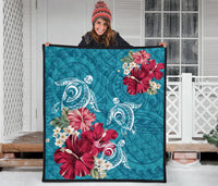 Hawaii Turtle Hibiscus Plumeria Blue Polynesian - Premium Quilt AH - Polynesian Pride