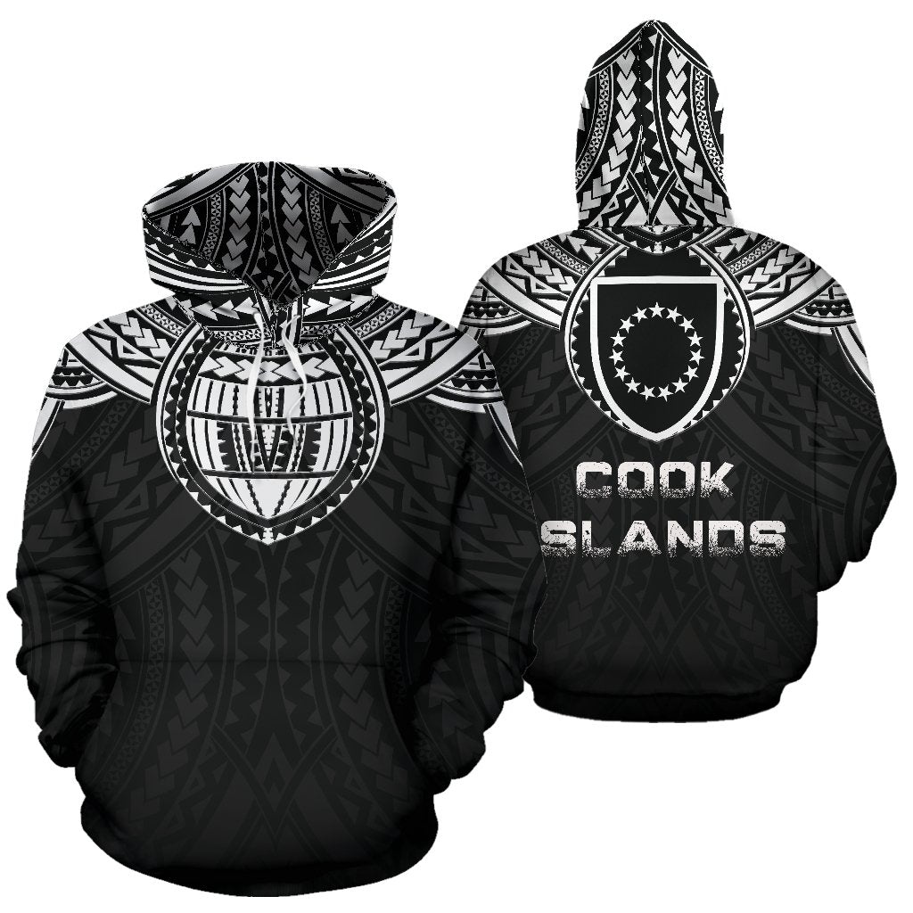 Cook Islands Coat of Arms and Poly All Over Hoodie Unisex Black - Polynesian Pride
