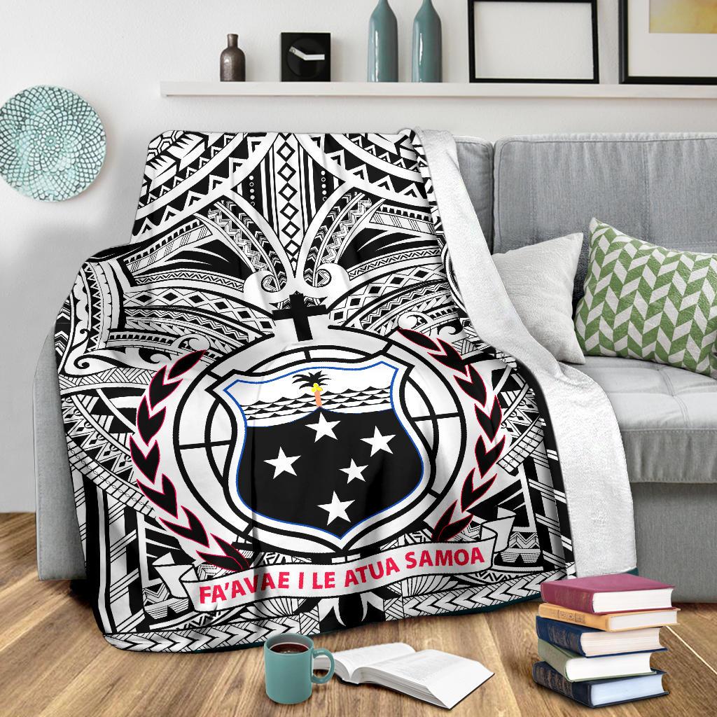Samoa Premium Blanket - Samoa Coat Of Arm, Polynesian Tattoo White And Black - Polynesian Pride