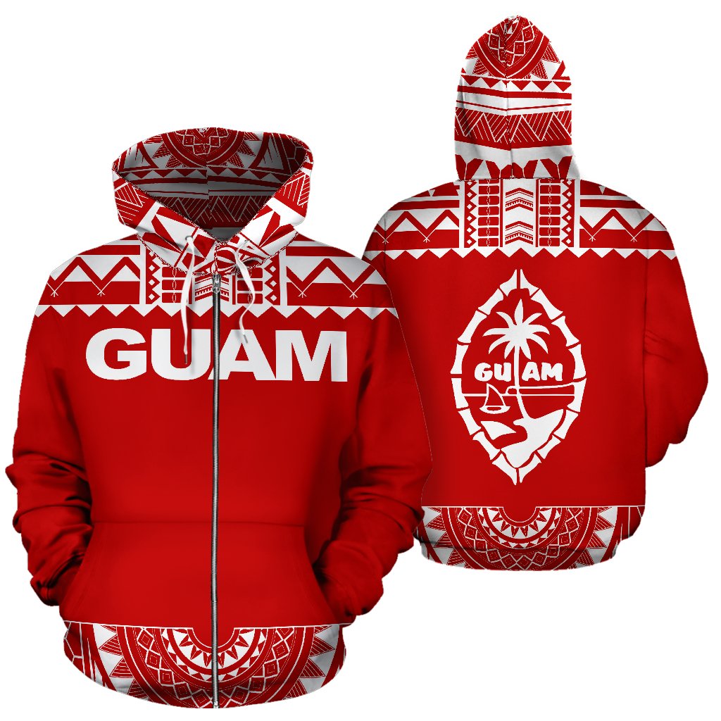 Guam All Over Zip up Hoodie Polynesian Red and White Unisex Red And White - Polynesian Pride