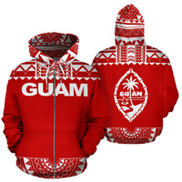 Guam All Over Zip up Hoodie Polynesian Red and White Unisex Red And White - Polynesian Pride