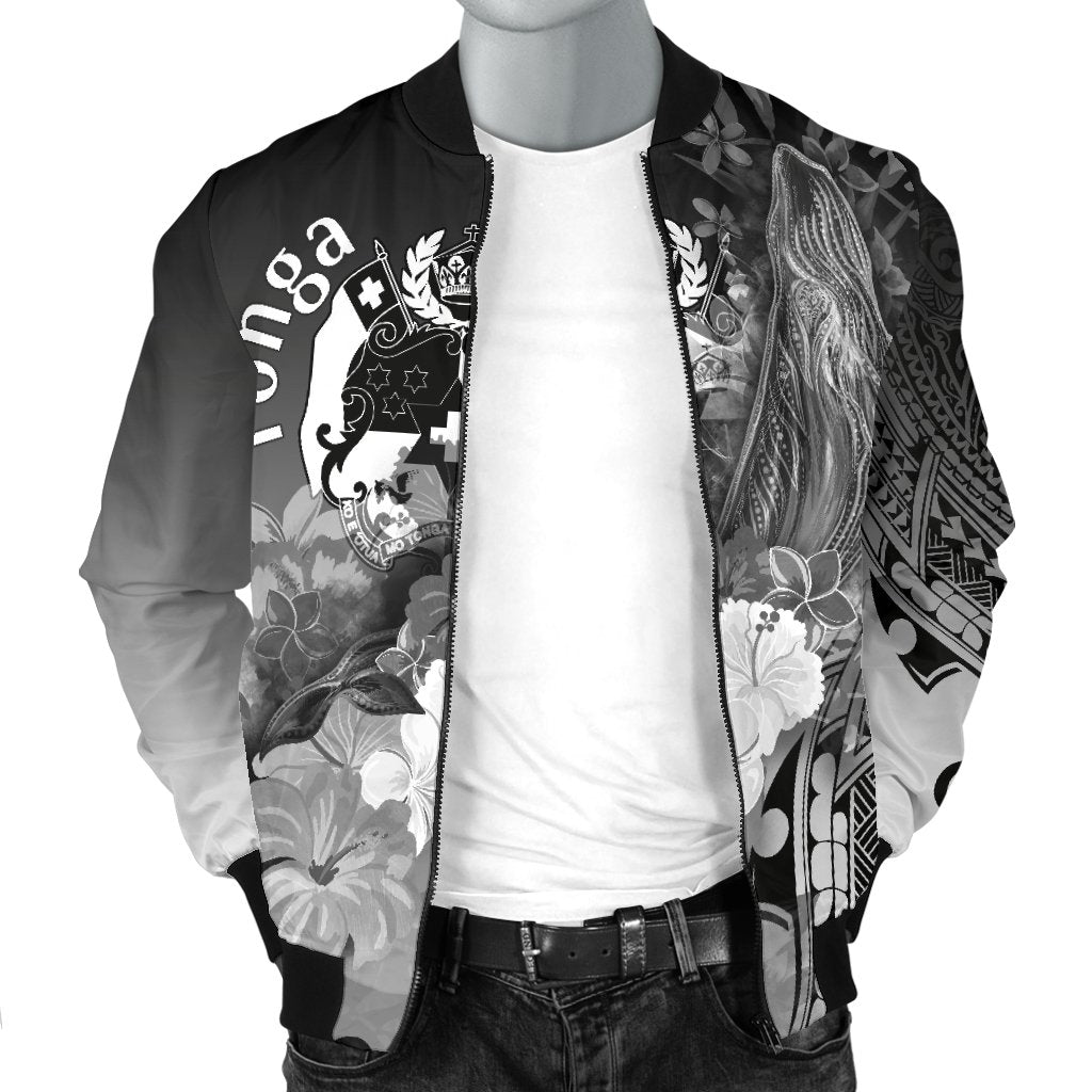 Tonga Men's Bomber Jacket - Humpback Whale with Tropical Flowers (White) - Polynesian Pride