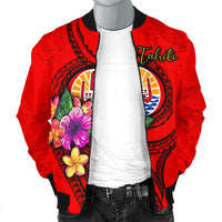 Tahiti Polynesian Men's Bomber Jacket - Floral With Seal Red - Polynesian Pride