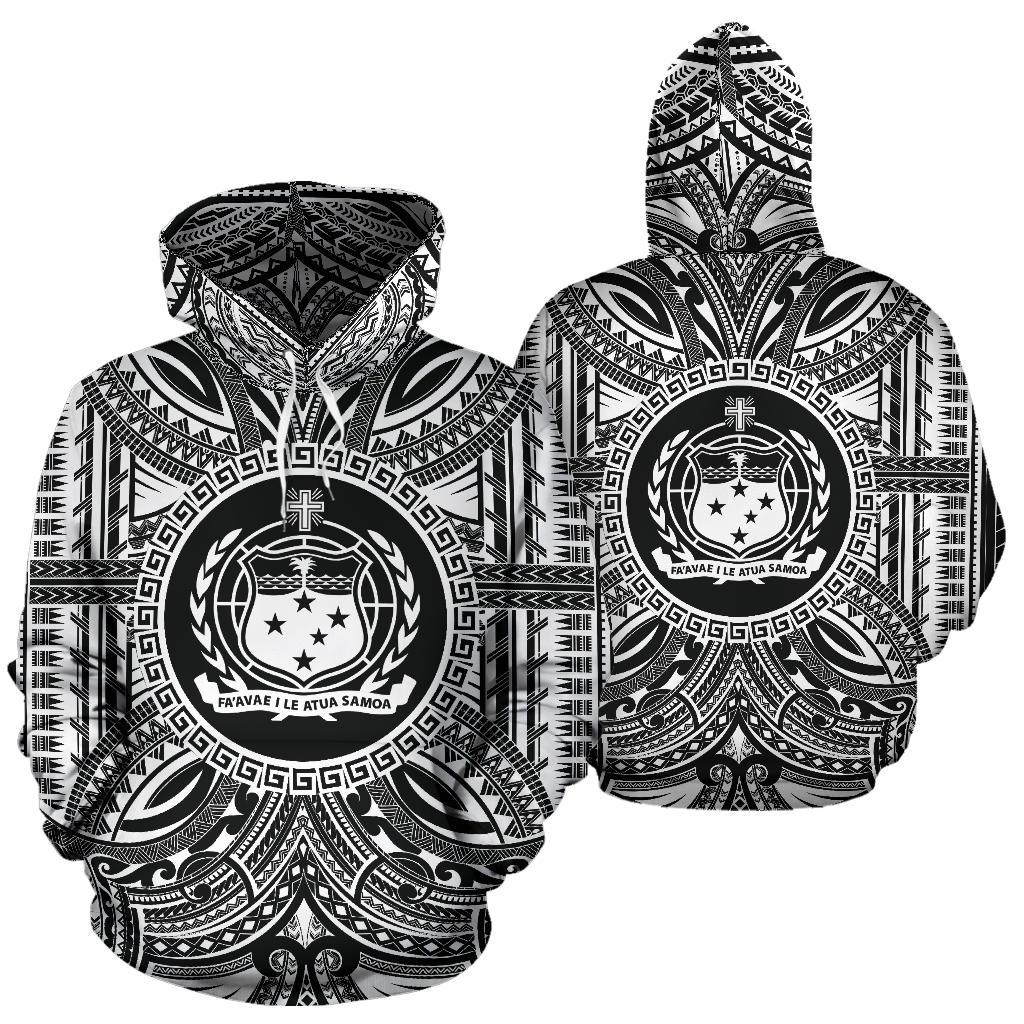 Samoa ll Over Hoodie Samoa Coat of rms Polynesian White Black - Polynesian Pride
