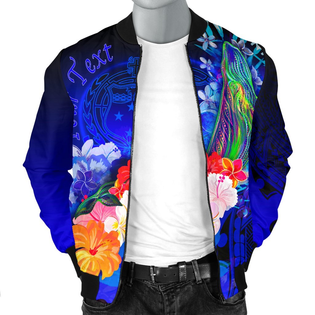Custom Personalised Samoa Men's Bomber Jacket - Humpback Whale with Tropical Flowers (Blue) - Polynesian Pride
