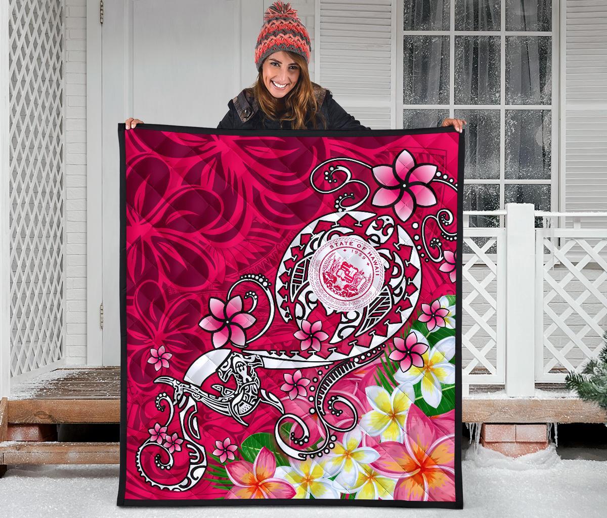 Hawaii Polynesian Premium Quilt - Hawaii Seal With Turtle Plumeria (Pink) - Polynesian Pride