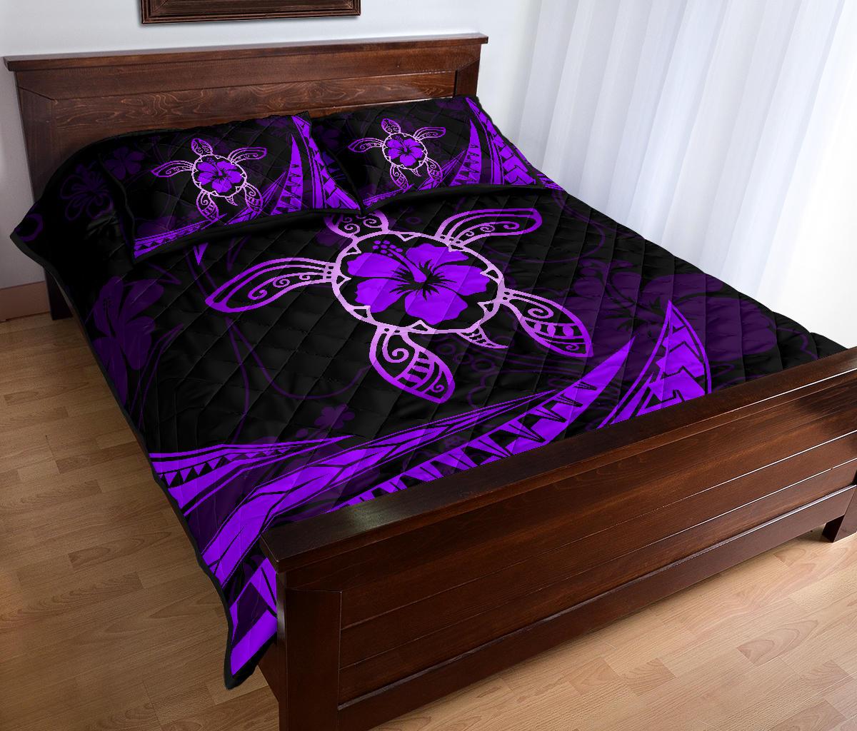 Hawaii Quilt Bed Set - Hibiscus Turtle Tribal Waves Purple - Polynesian Pride
