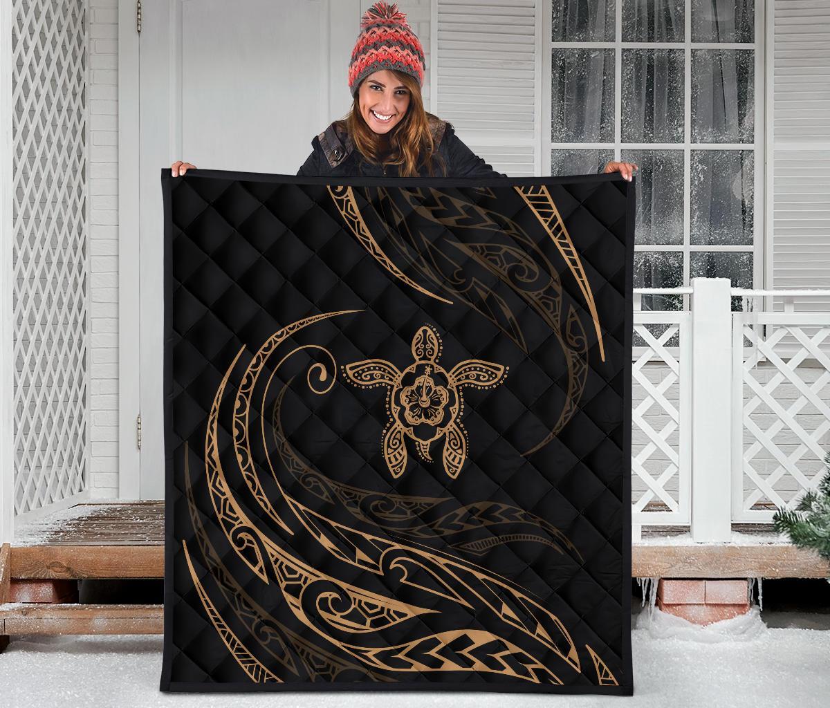 Hawaii Turtle Hibicus Premium Quilt - Frida Style - Gold - Polynesian Pride