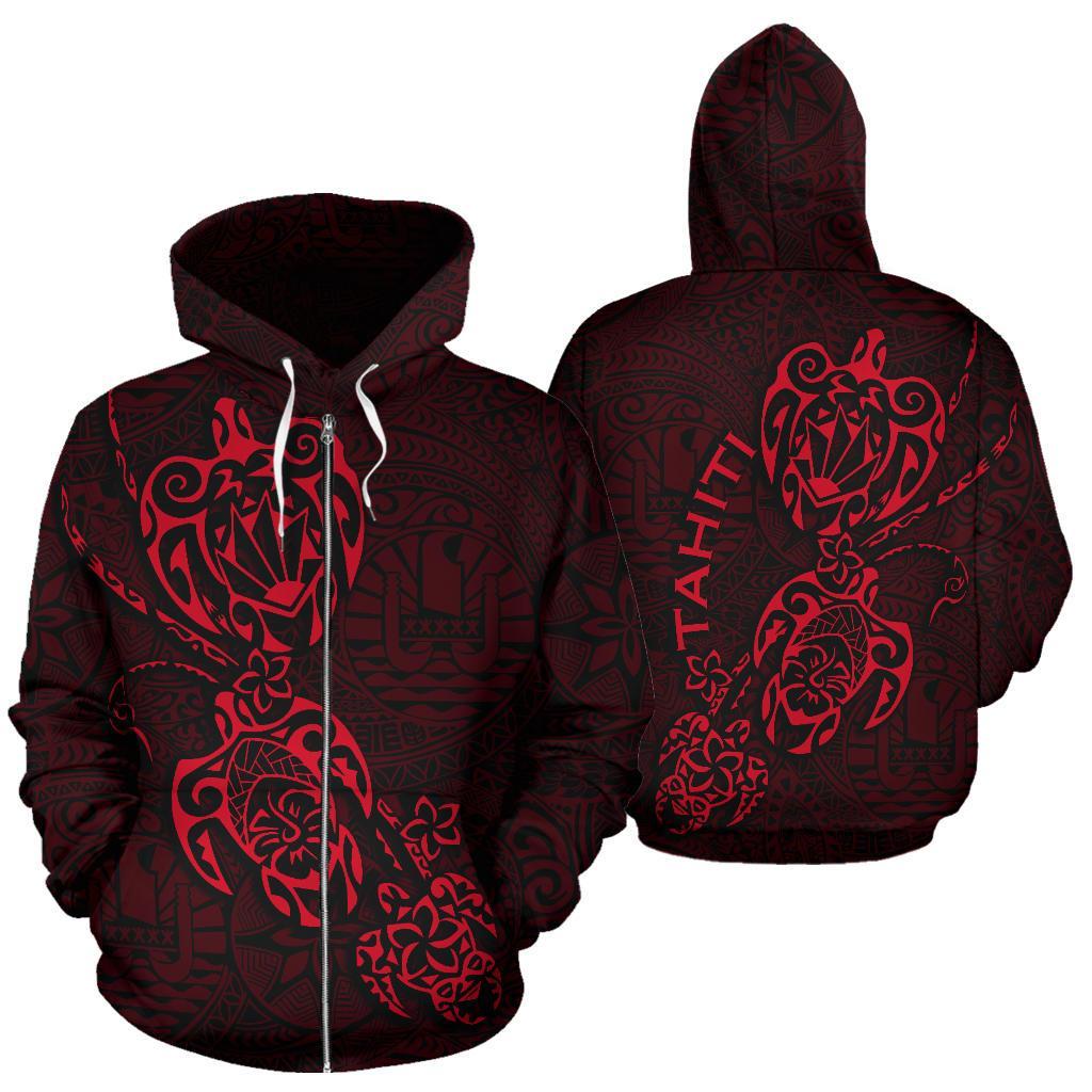 Tahiti Polynesian Family Turtles Zip up Hoodie Red Unisex Red - Polynesian Pride