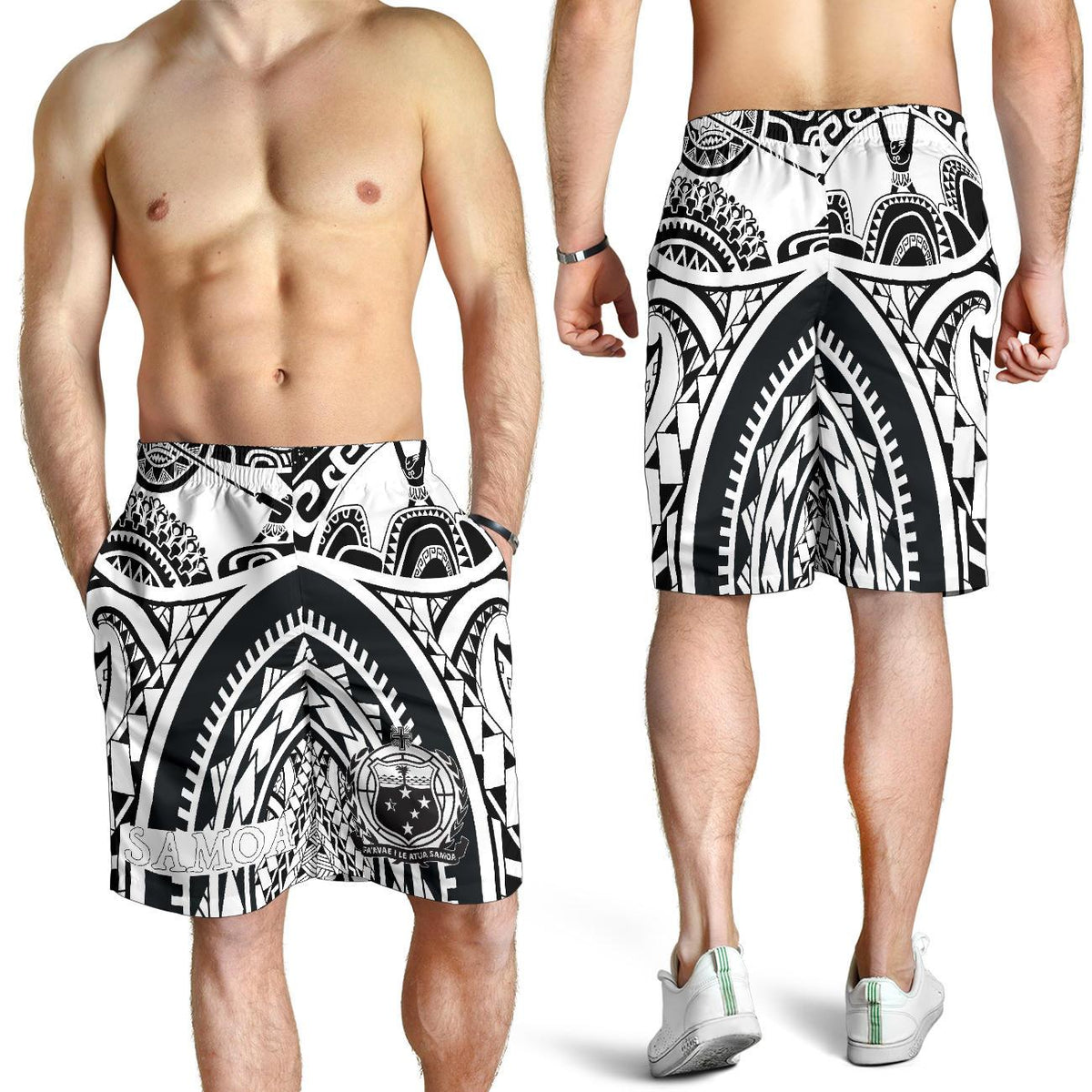 Samoa Men Shorts - Samoa Coat Of Arm, Maui Tattoo White - Polynesian Pride