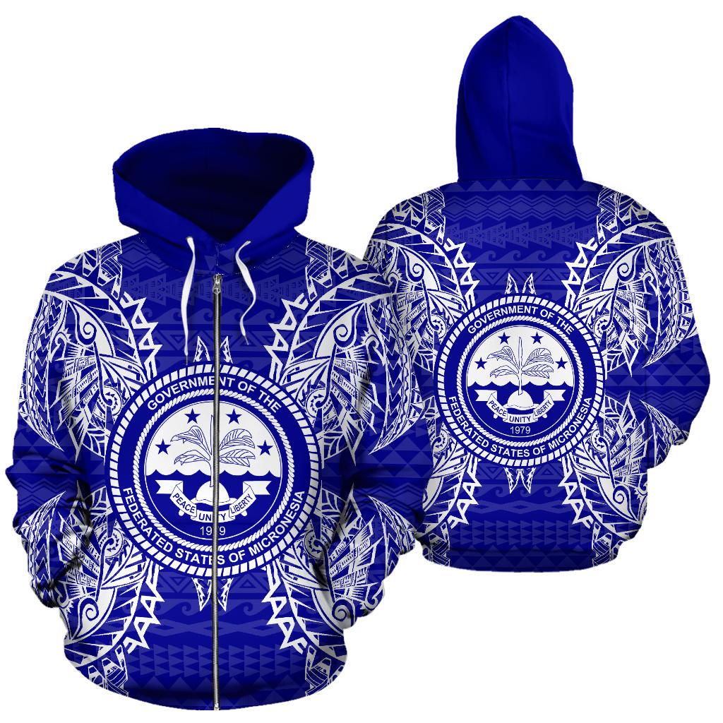 Federated States of Micronesian Polynesian All Over Zip up Hoodie Map Blue Unisex Blue - Polynesian Pride