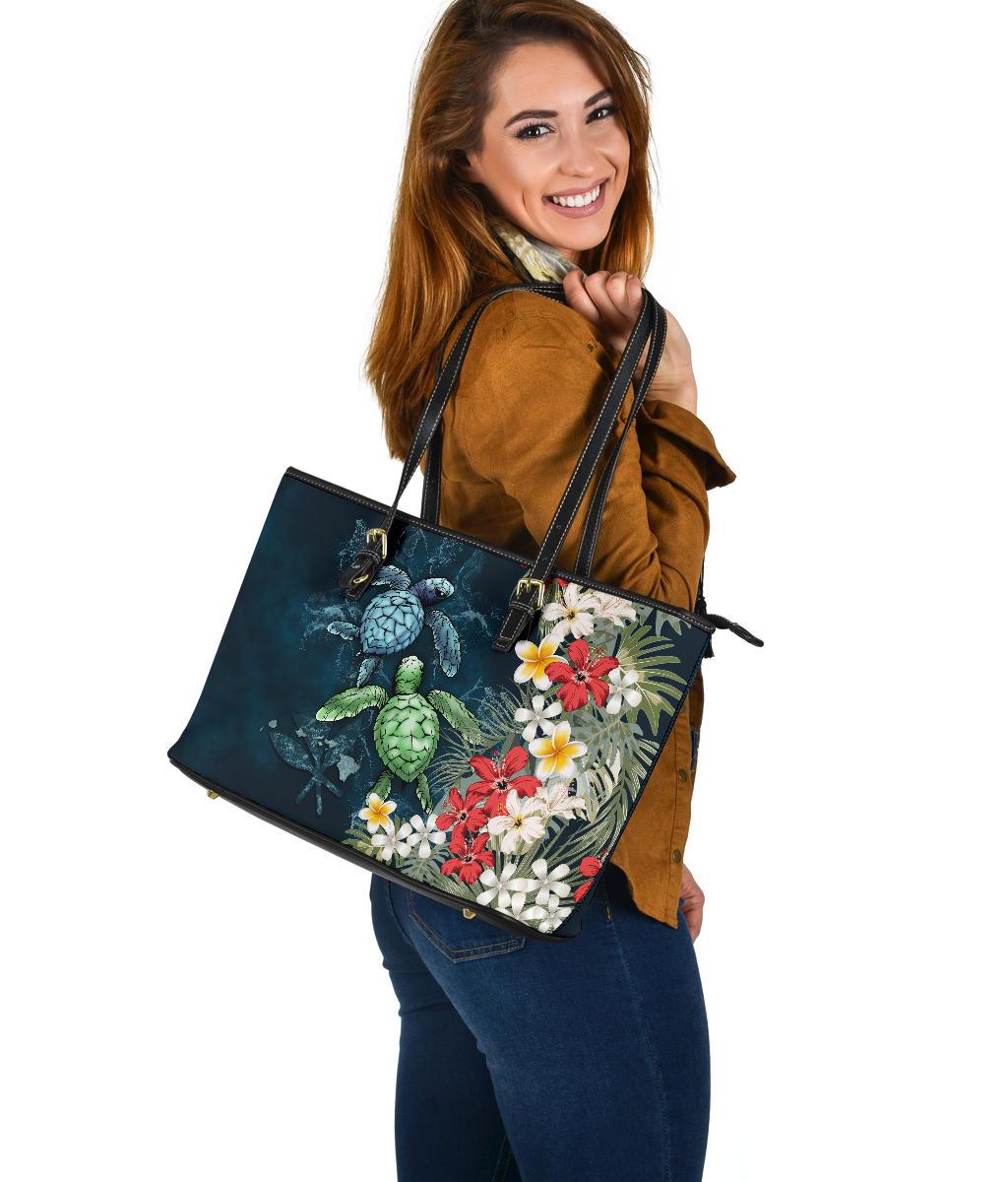 Kanaka Maoli (Hawaiian) Leather Tote - Sea Turtle Tropical Hibiscus And Plumeria - Polynesian Pride