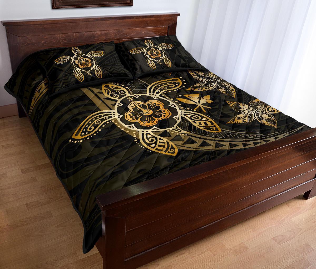Kanaka Map Hibiscus Plumeria Turtle Art Gold Polynesian Quilt Bed Set - Polynesian Pride