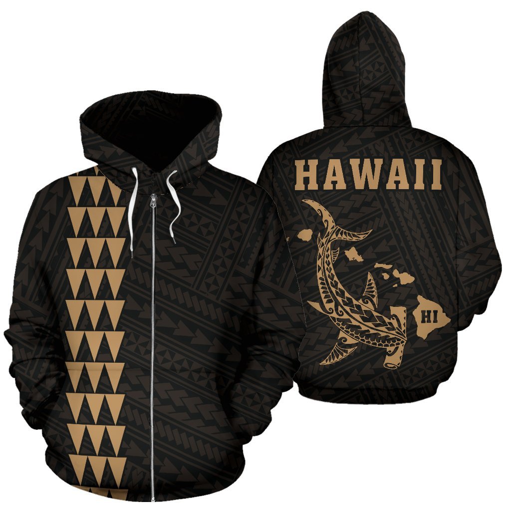 Hawaii Kakau Polynesian Gold Hammerhead Shark Hoodie (Zip) Unisex Gold - Polynesian Pride