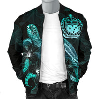 Samoa Polynesian Men's Bomber Jacket - Turtle With Blooming Hibiscus Turquoise - Polynesian Pride