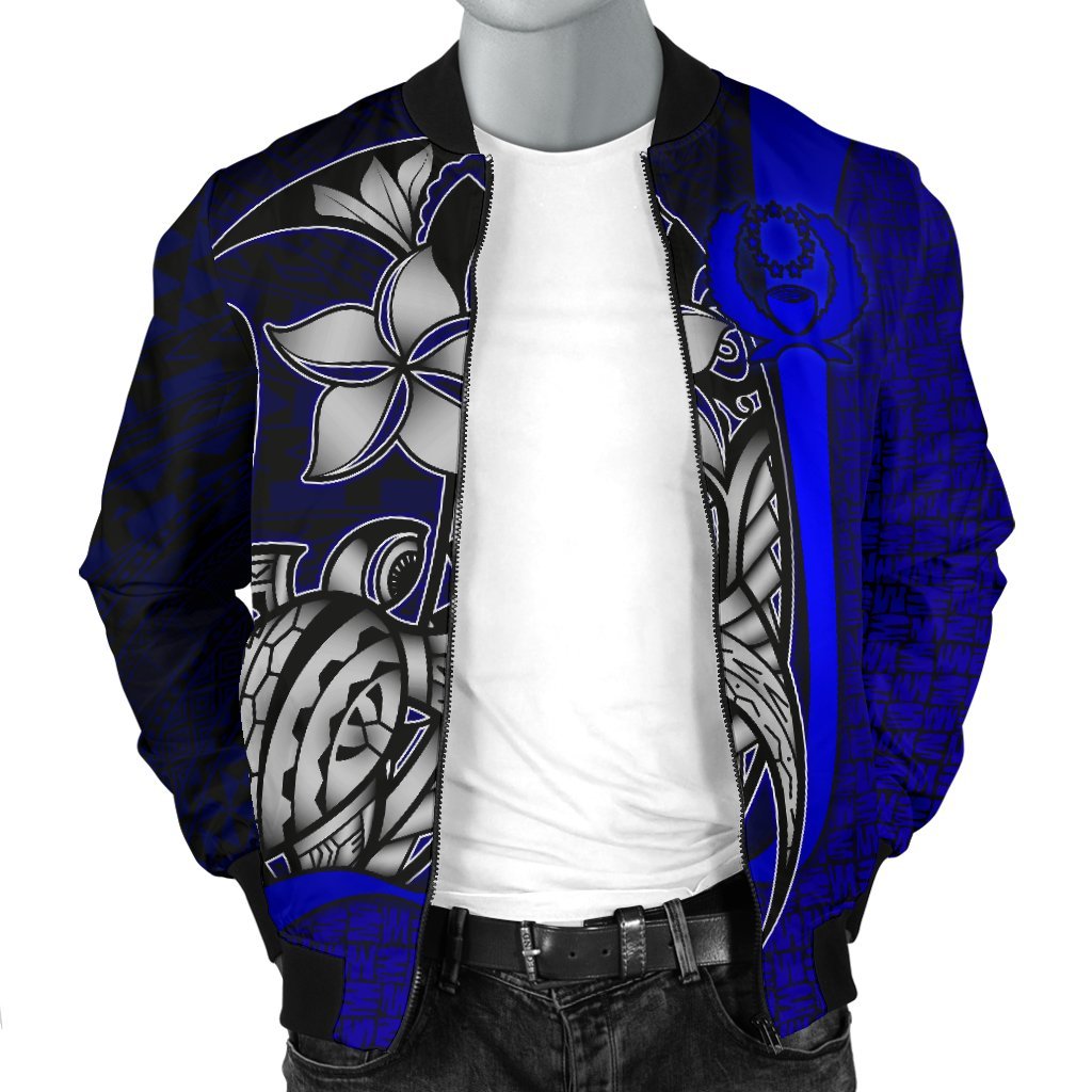 Pohnpei Micronesia Men's Bomber Jackets Blue - Turtle With Hook - Polynesian Pride