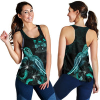 Fiji Polynesian Women Tank Top - Turtle With Blooming Hibiscus Turquoise - Polynesian Pride